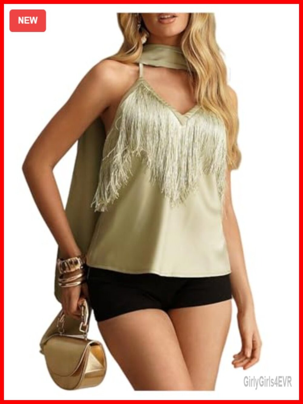Satin Halter Camisole Top Fringe Trim V Neck Spaghetti Strap Scarf